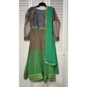 Women's L/XL 4 Piece Green & Brown Ombre Anarkhali